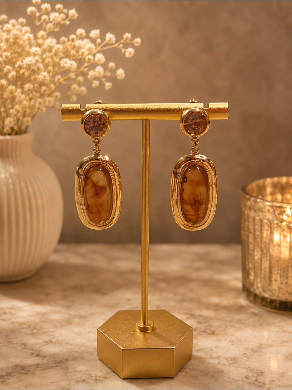 Gold-Tone Brown Stone Drop Earrings - 925 posts